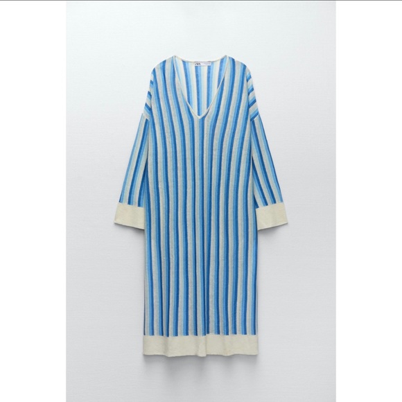 Women’s Blue and White Striped Linen Zara V-Neck Tunic Dress - Picture 8 of 14